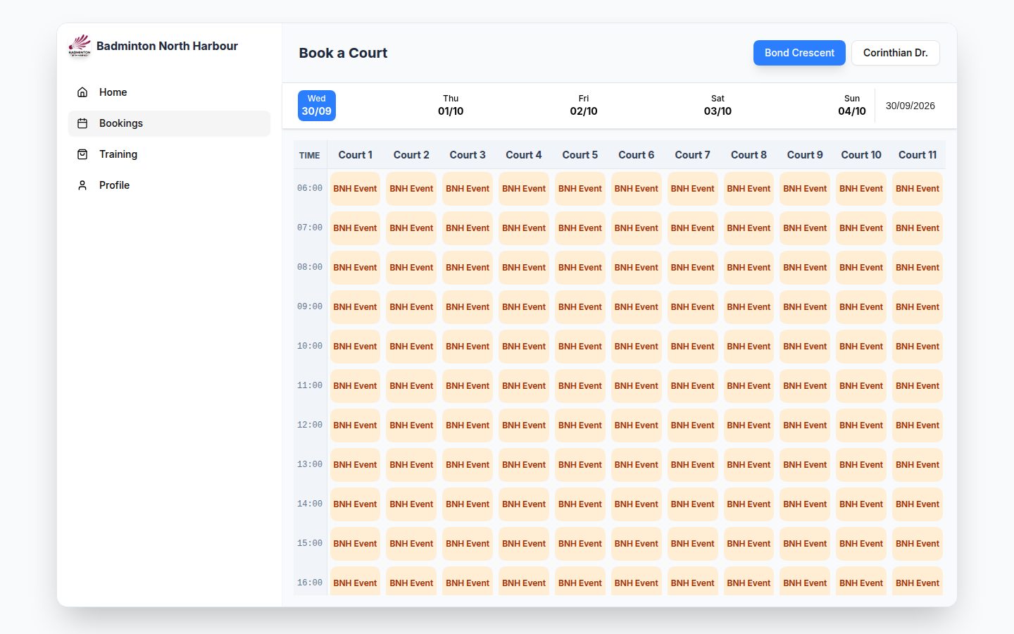 Court booking grid from the BNH venue management system