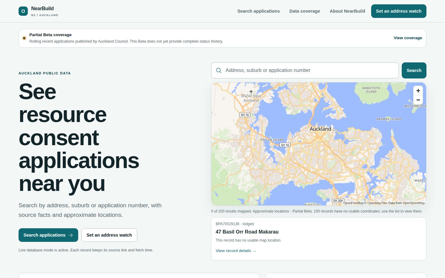 NearBuild search page with a map of Auckland